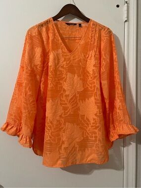 IMAN Global Chic Orange Tropical Burnout Jacquard V-Neck Blouse - Small